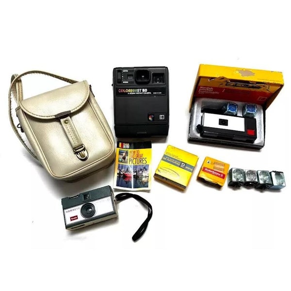 Vintage Kodak Hawkeye R4, Instamatic A20R dated 1970 original box, Colorburst 50, carrying case. How to take great picture booklet, film