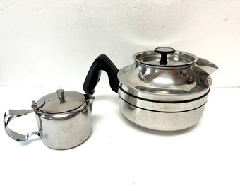 Vintage stainless steel 12 cup  teapot water kettle and small creamer, teapot, pitcher