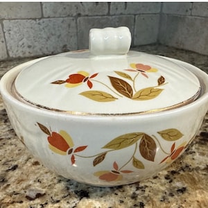 Vintage Hall China “Autumn Leaf” Pattern Ceramic bowl With Lid 5” grease jar