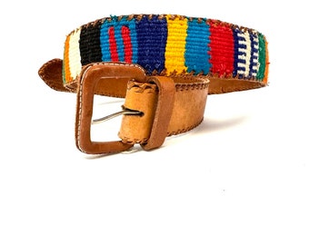 Guatemalan western style belt brown leather colorful woven textiles Sz30 vintage