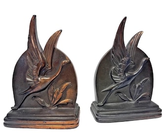 Vintage Bronze Art Deco Bookends, Flying Birds Cranes, 1930s-1940s Dodge Home Decor