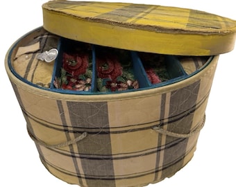 Vintage yellow and black plaid quilted fabric covered lidded keepsake storage sewing box.