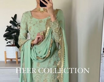 Ontwerper geborduurd groen Georgette Kurta en Sharara met Dupatta voor dames, Pakistaanse Salwar Kameez, 3-delige kant-en-klare Sharara-pakset