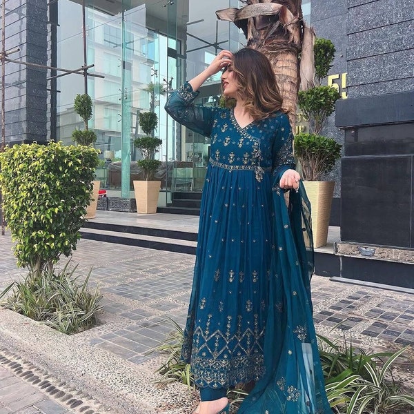 Premium Pakistani Heavy Georgette Long Flared Anarkali Gown With Pant Dupatta Set For Woman / Girls, Partywear 3 Pcs Set Readymade Suit