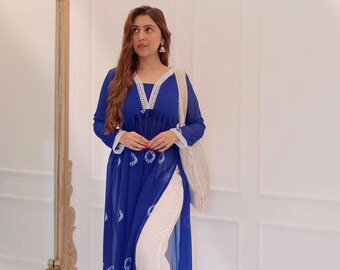 Ensemble kurti traditionnel long bleu Anarkali coupe Naira avec pantalon pour femme, robes d'été pour femmes, 2 pièces robe Anarkali pour femme, prête à l'emploi