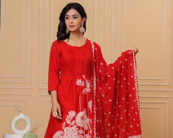 Salwar Kameez en coton de créateur indien pour femme, beau pantalon kurti rouge ready-made avec ensemble Dupatta, ensemble kurta et kurti en coton 3 PC pour femmes