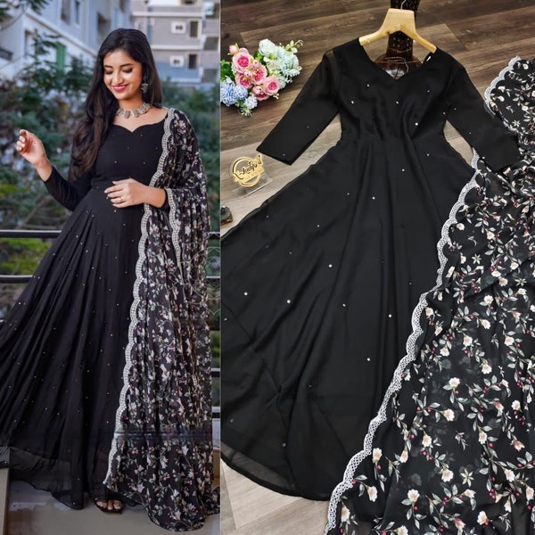 Designer Indian Black Georgette Long Flared Anarkali kurta set with Dupatta Floor Length Salwar Kameez, Readymade Partywear 2Pc Designer set