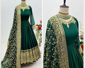 Indiase bruiloft Anarkali pak ontwerper borduurwerk werkjurk Partywear pakken, kant-en-klare Salwar Kameez voor Mehandi, vrouwen groene Anarkali pak