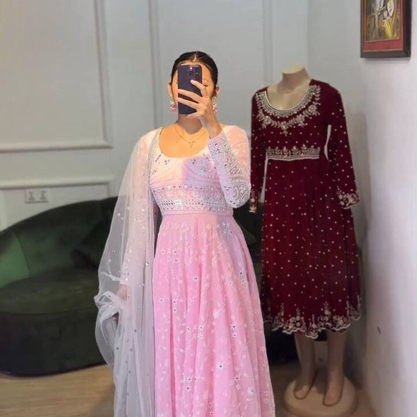 Indian Premium Georgette Pink Color Long Flared Gown Fully Embroidered Heavy Work With pant & Dupatta Set Partywear, Bridesmaid Dresses