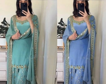 Ensemble Kurta Palazzo Sharara de créateur indien Salwar Kameez en georgette verte avec séquence, costume de créateur 3 pièces prêt à l'emploi