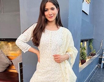 Ensemble Chikankari Straight Kurti Palazzo, costume pakistanais Shalwar Kameez 3 pièces haut de gamme, robe grande taille, ensembles Salwar Kameez