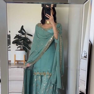 Ensemble Kurta Palazzo Sharara de créateur indien Salwar Kameez en georgette verte avec séquence, costume de créateur 3 pièces prêt à l'emploi Sea Green