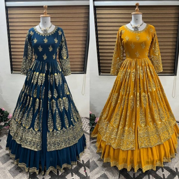 Indian Bollywood Inspired Yellow Georgette Long Flared Gown Suit Readymade Partywear , Yellow Anarkali, Turmeric yellow , Haldi Function 3pc