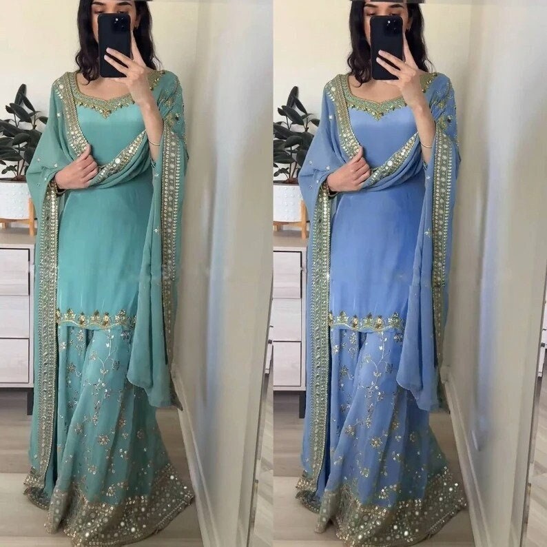 Ensemble Kurta Palazzo Sharara de créateur indien Salwar Kameez en georgette verte avec séquence, costume de créateur 3 pièces prêt à l'emploi image 1