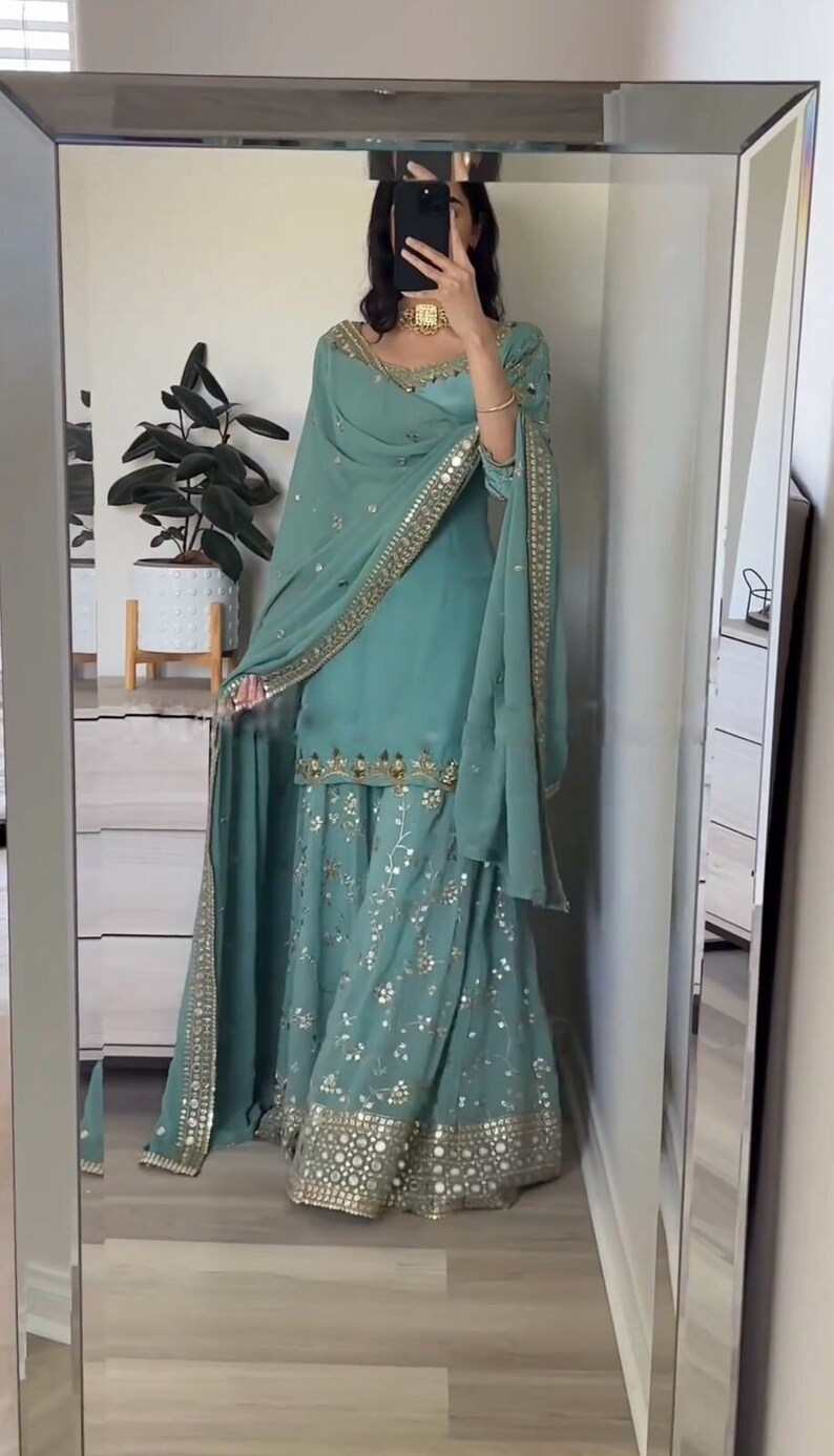 Ensemble Kurta Palazzo Sharara de créateur indien Salwar Kameez en georgette verte avec séquence, costume de créateur 3 pièces prêt à l'emploi Sea Green