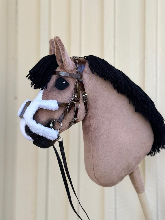 X-Jump Hobbyhorse Bridle: Copper Leather with Plush, Adjustable With Four Buckles, Reins Included.