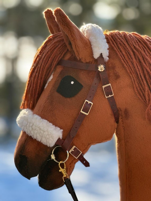 Handmade Real Leather Hobbyhorse Bridle with Plush, 2 Stones & Reins Included