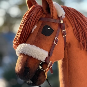 Pu&ograve; includere: Una testa di cavallo marrone con un nasello in pile bianco e una briglia in pelle marrone con un morso dorato. Il cavallo ha un occhio nero e una criniera marrone.