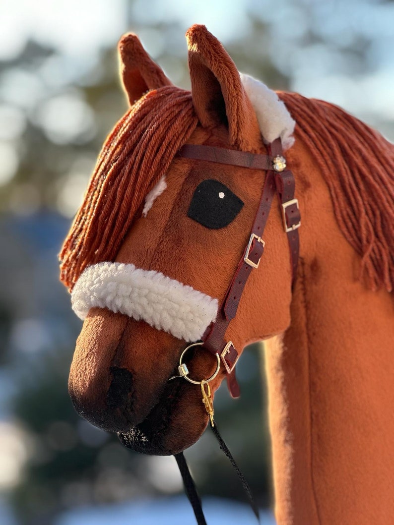 Pu&ograve; includere: Una testa di cavallo marrone con un nasello in pile bianco e una briglia in pelle marrone con un morso dorato. Il cavallo ha un occhio nero e una criniera marrone.