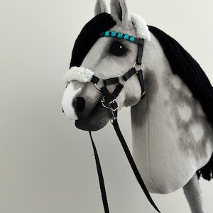 Puede incluir: Una cabeza de caballo gris y blanca con una crin y cola negras. El caballo lleva una brida de cuero negro con una diadema de cuentas turquesa y una cuerda de plomo negra.