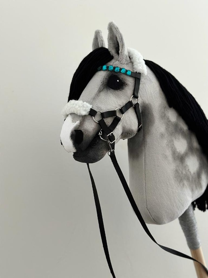 Puede incluir: Una cabeza de caballo gris y blanca con una crin y cola negras. El caballo lleva una brida de cuero negro con una diadema de cuentas turquesa y una cuerda de plomo negra.