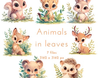 Animals in Leaves | 7 PNG files | Forest Animals Clipart | Transparent Background | Commercial Use | Printable Art