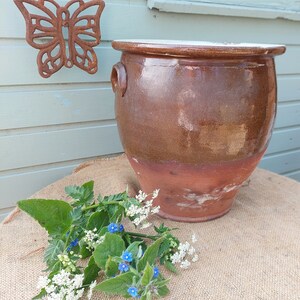 May include: A brown glazed ceramic pot with a wide rim and a slightly rounded body. The pot is sitting on a hessian surface with a small bouquet of white and blue flowers.