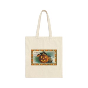 Borsa tote per cartoline di Halloween, immagini di Halloween antiche vintage, zucca spettrale, Jack O Lantern, elfi, candele, borsa della spesa in tela di cotone