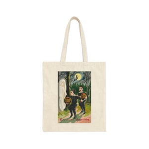 Borsa tote per cartoline di Halloween, immagini di Halloween antiche vintage, fantasma spettrale, luna, strega, lanterne Jack O, borsa della spesa in tela di cotone