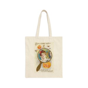 Borsa tote per cartoline di Halloween, immagini di Halloween antiche vintage, lanterne spettrali Jack O, pipistrelli, signora allo specchio, borsa della spesa in tela di cotone