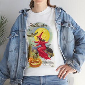 T-shirt cartolina di Halloween, immagini di Halloween antiche vintage, strega spettrale, luna, gufo, zucca, gatto nero, maglietta di cotone pesante unisex