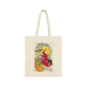 Borsa tote per cartoline di Halloween, immagini di Halloween antiche vintage, strega spettrale, luna, gufo, gatto nero, zucca, borsa della spesa in tela di cotone
