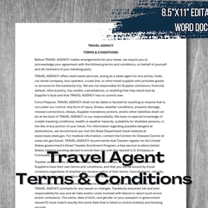 May include: A black and white document with the title "Travel Agent Terms & Conditions". The document outlines the terms and conditions for a travel agency.