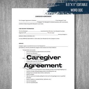May include: A black and white printable caregiver agreement form with the title "Caregiver Agreement" at the top. The form includes sections for Care Recipient Information and Services.