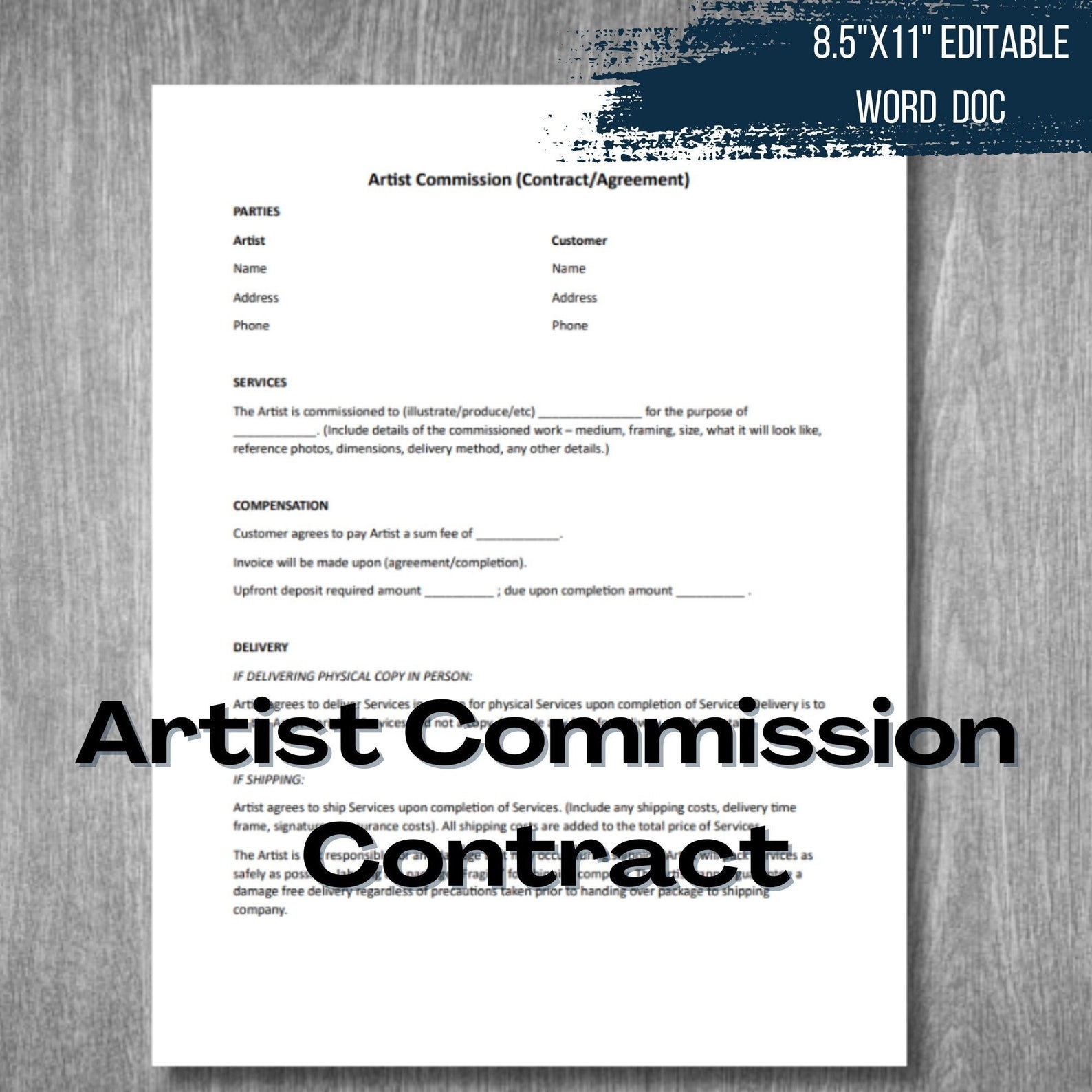 Artist Commission Contract Agreement Template Editable Word Document Etsy