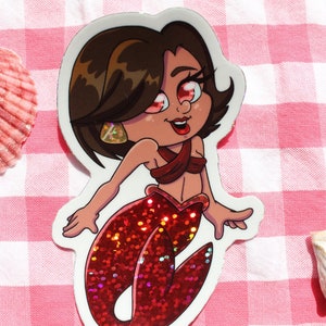 Cute Chibi Sparkly Glitter Red Mermaid Decor Sticker Decal for Laptops Journals Cups Phones Water Bottle
