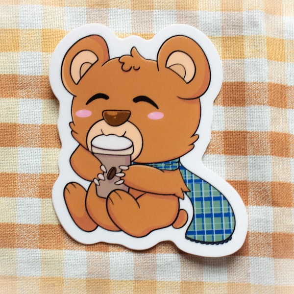 Cute Cuddly Animal Fall Scarf Bear Drinking Coffee Coco Sticker Decal for Laptops Water Bottles Journals Gift for Animal Bear Lovers