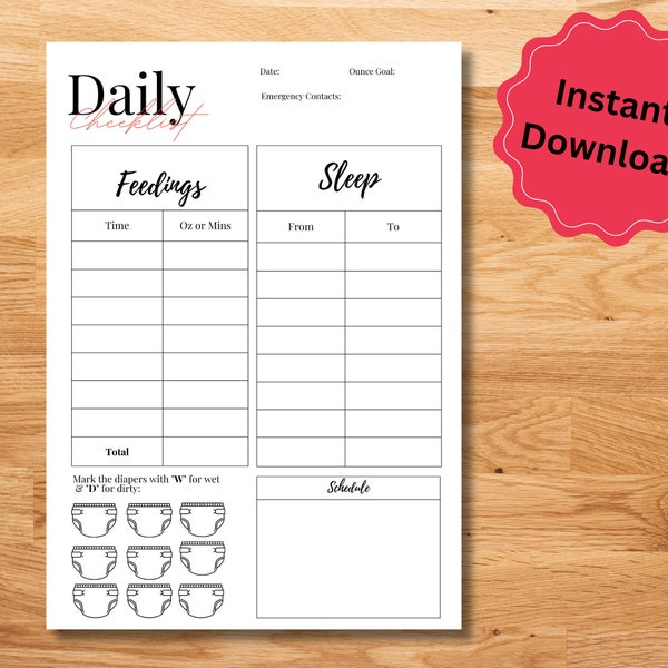 INFANT DAILY LOG for tracking sleep, feedings, diapers, emergency contacts, notes and more