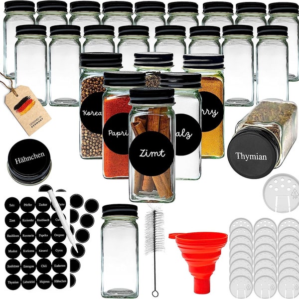 Gewürzgläser Set Eckig 24 Stück [10x4,2cm] inkl. Gewürzetiketten, Organizer zur Aufbewahrung Küche Gewürze Vorratsdosen Spice Jars
