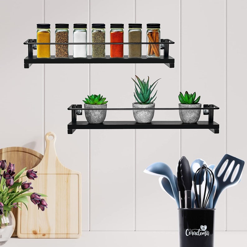 Gewürzregal Schwarz 2er Set für Gewürzgläser Küchen Organizer Gewürzaufbewahrung 40x9cm Küchenregal Spice Rack Aufbewahrung Hängeregal Bild 6