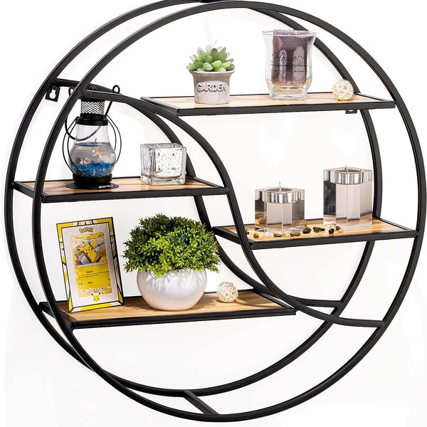 Wall shelf black metal - hanging shelf for decorative living room modern 56 x 14 cm | Floating shelf round for decoration bathroom bedroom