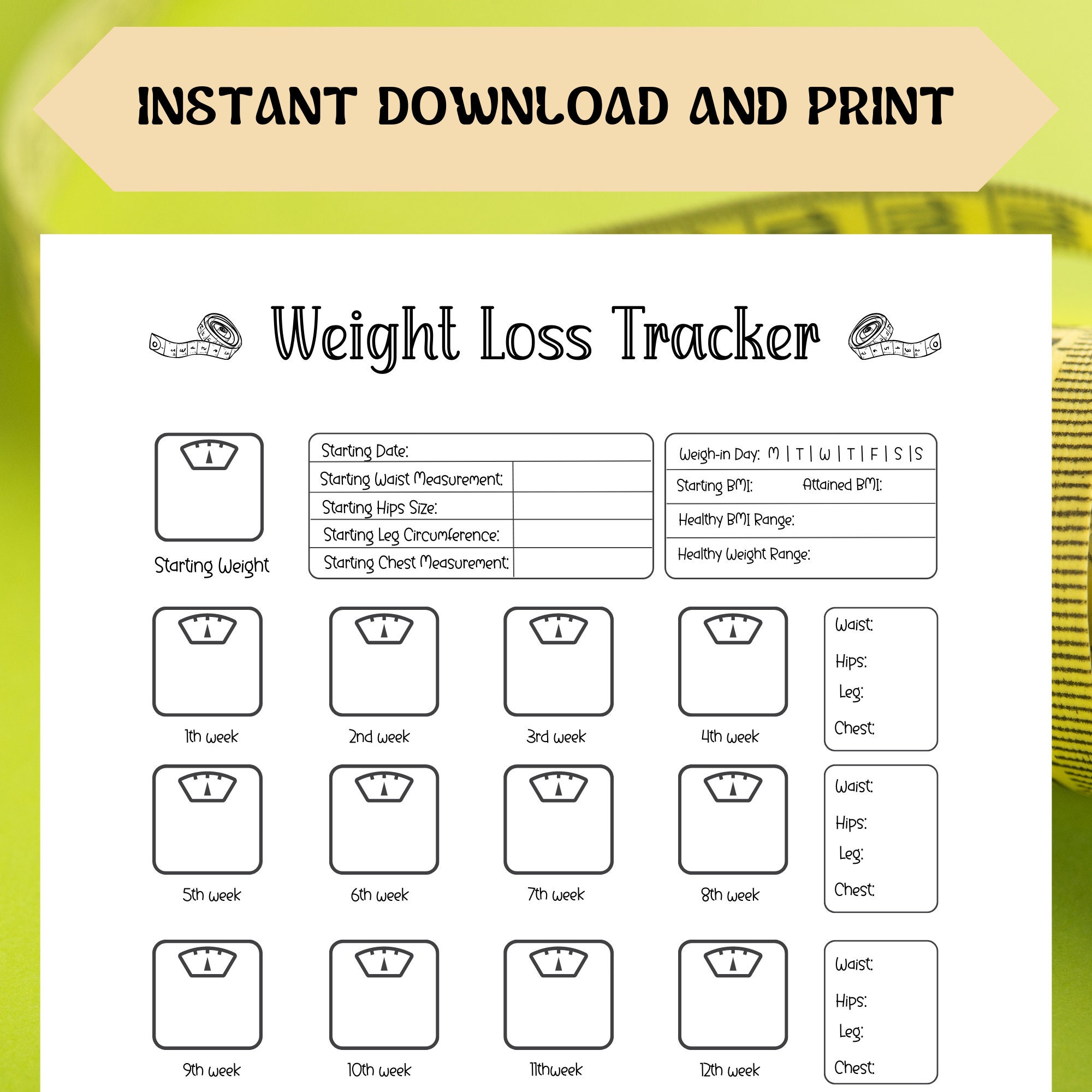 Weekly 4 Month Weight Loss Tracker With Body Measures, BMI, Notes
