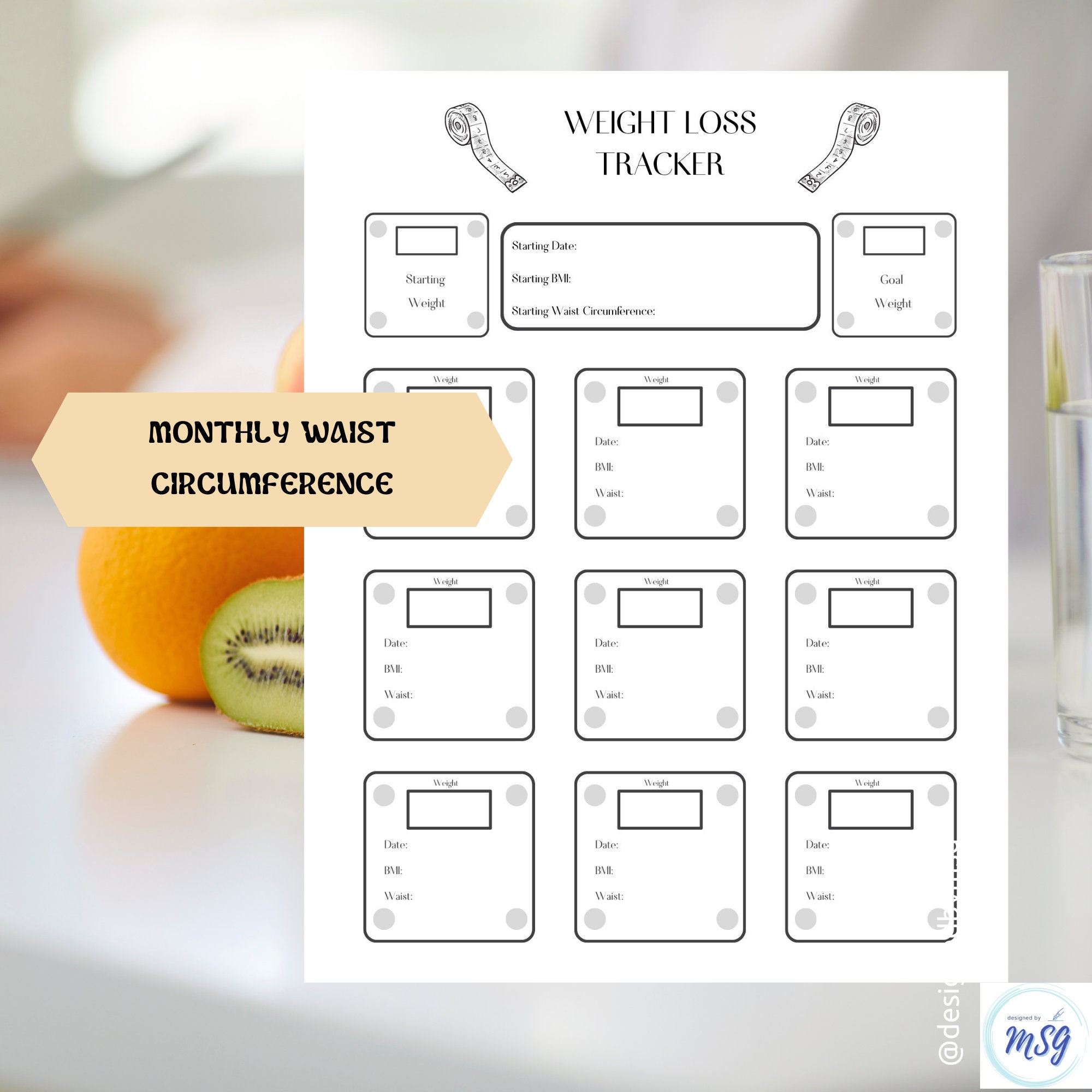 Monthly Simple Weight Loss Tracker, BMI Tracker, Waist Circumference