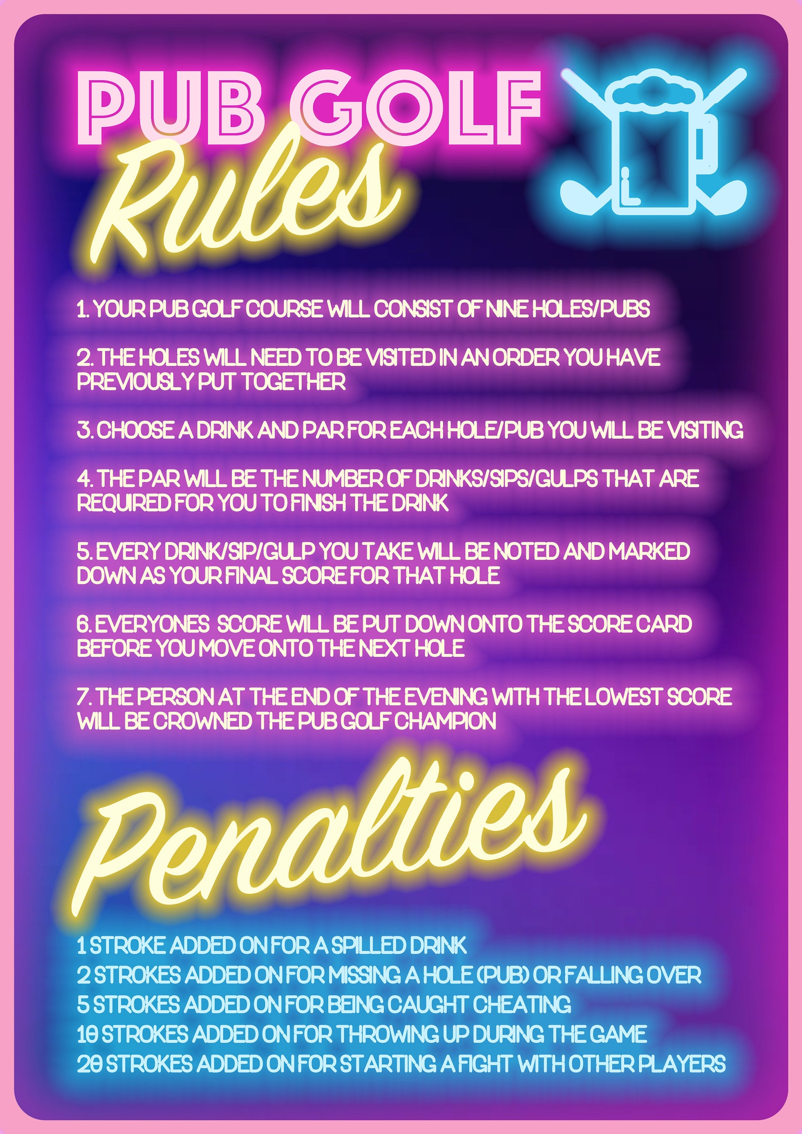 Bar Golf Card, Pub Golf Scorecard, Drinking Golf Digital Card Etsy