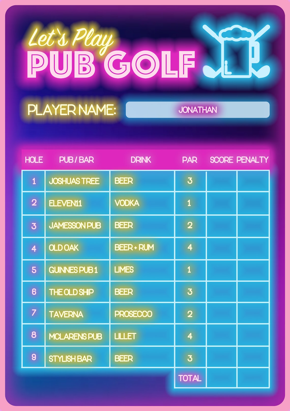 Bar Golf Card, Pub Golf Scorecard, Drinking Golf Digital Card Etsy