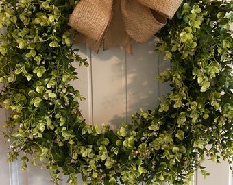 All Season Round Wreath with Burlap Bow and Boxwood Greenery