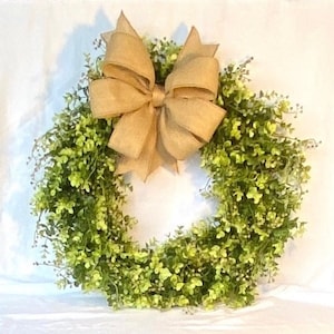 All Season Wreath with Burlap Bow and Boxwood Greenery