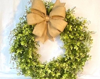 All Season Wreath with Burlap Bow and Boxwood Greenery