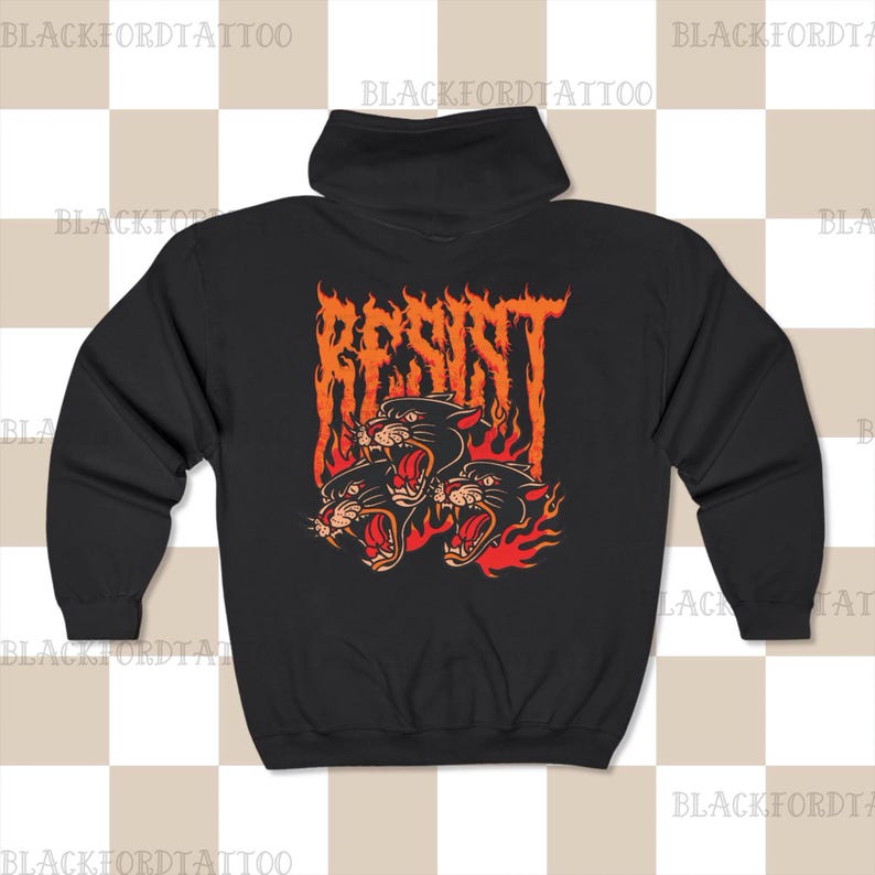 May include: Black hooded sweatshirt with a graphic of three black panthers with flames and the word "RESIST" in orange.