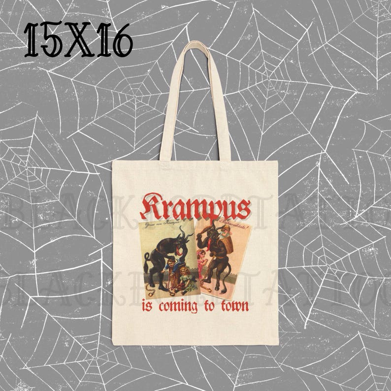 May include: A white canvas tote bag with red text that reads "Krampus is coming to town". The bag features a vintage illustration of Krampus, a horned figure from Germanic folklore, with a child.